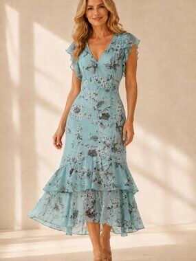 NWOT Tommy Hilfiger Riviera Floral Chiffon Maxi Dress Mint Green Size 12